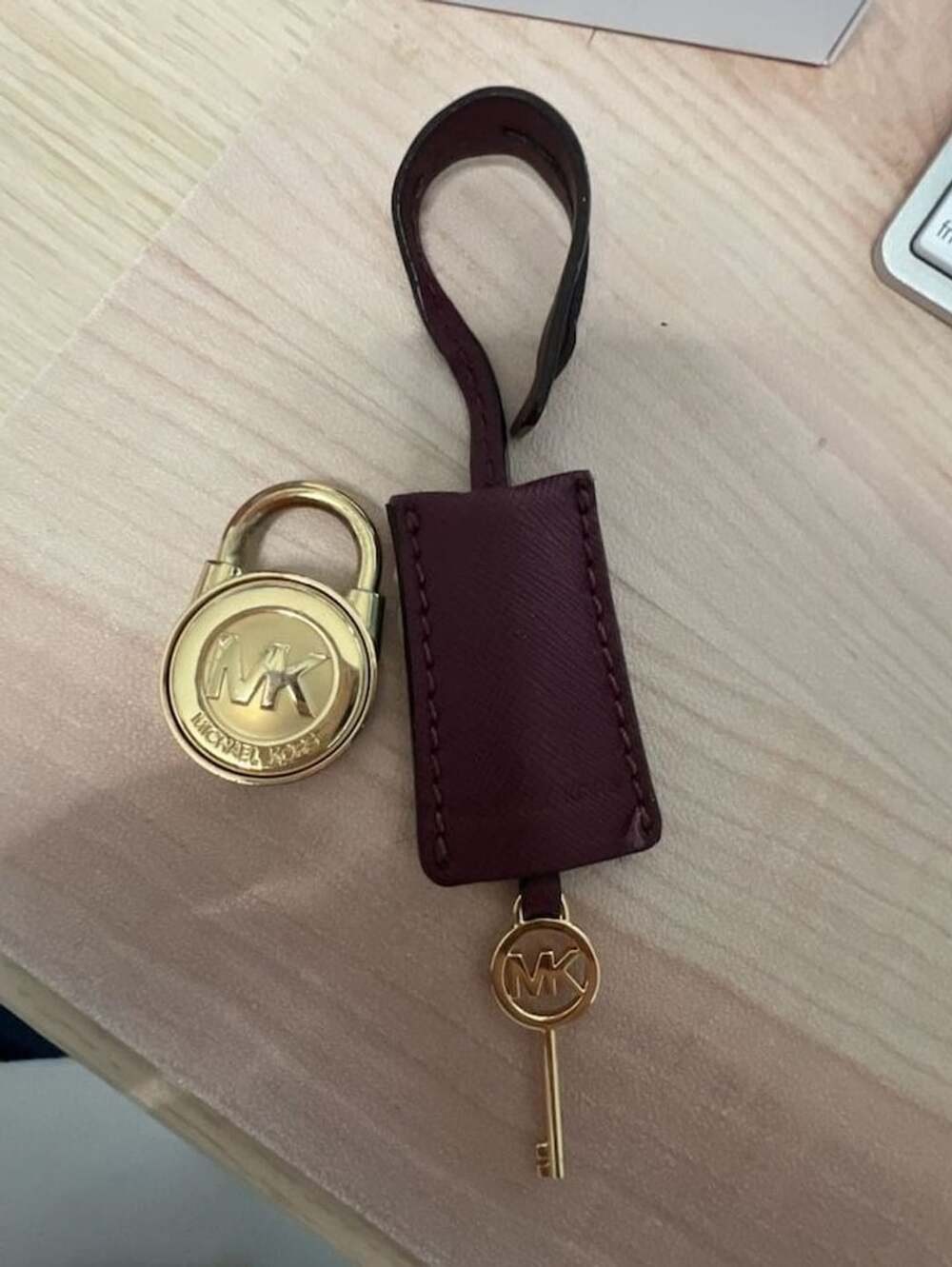 Michael Kors Leather Handbag Hang Tag Fob and Lock Charm Burgundy Gold